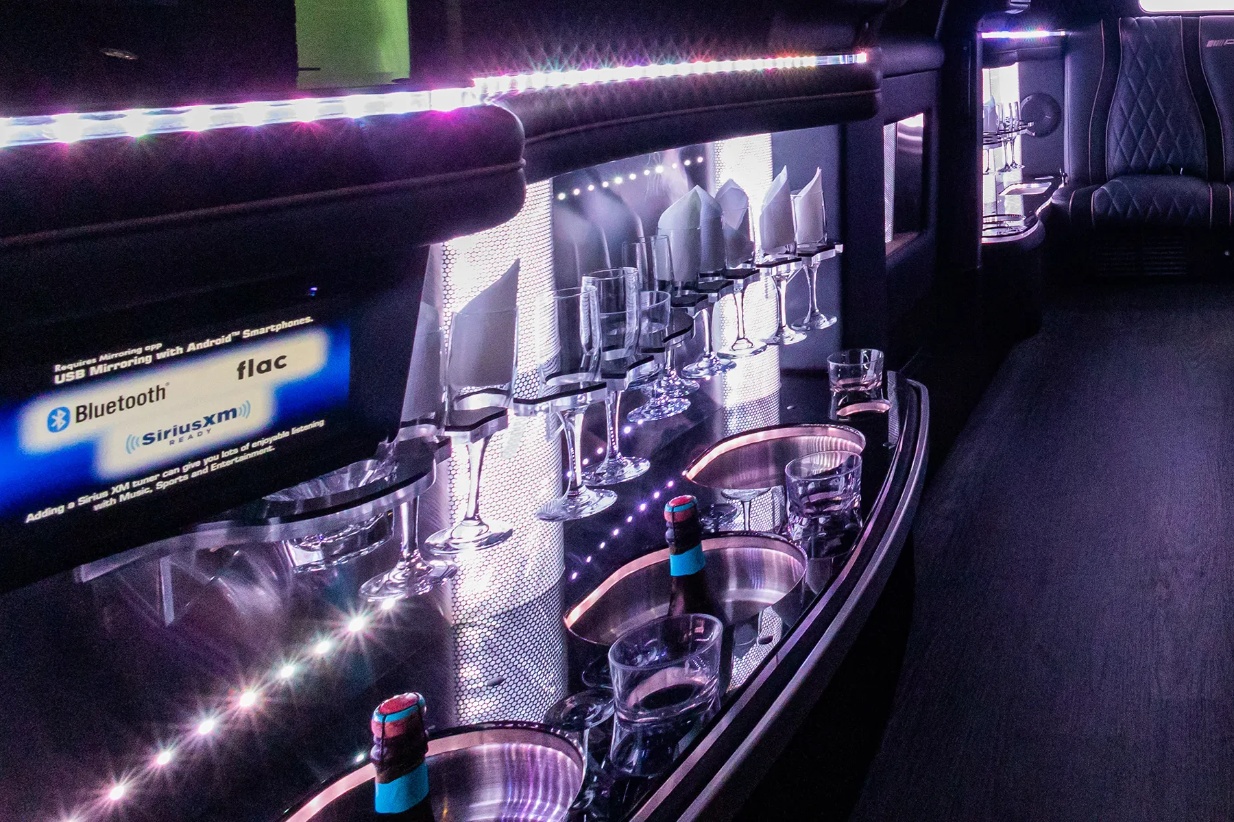 Cocktail bar and premium sound system in A Touch of Silver Limousine Hire's Mercedes stretch limousine