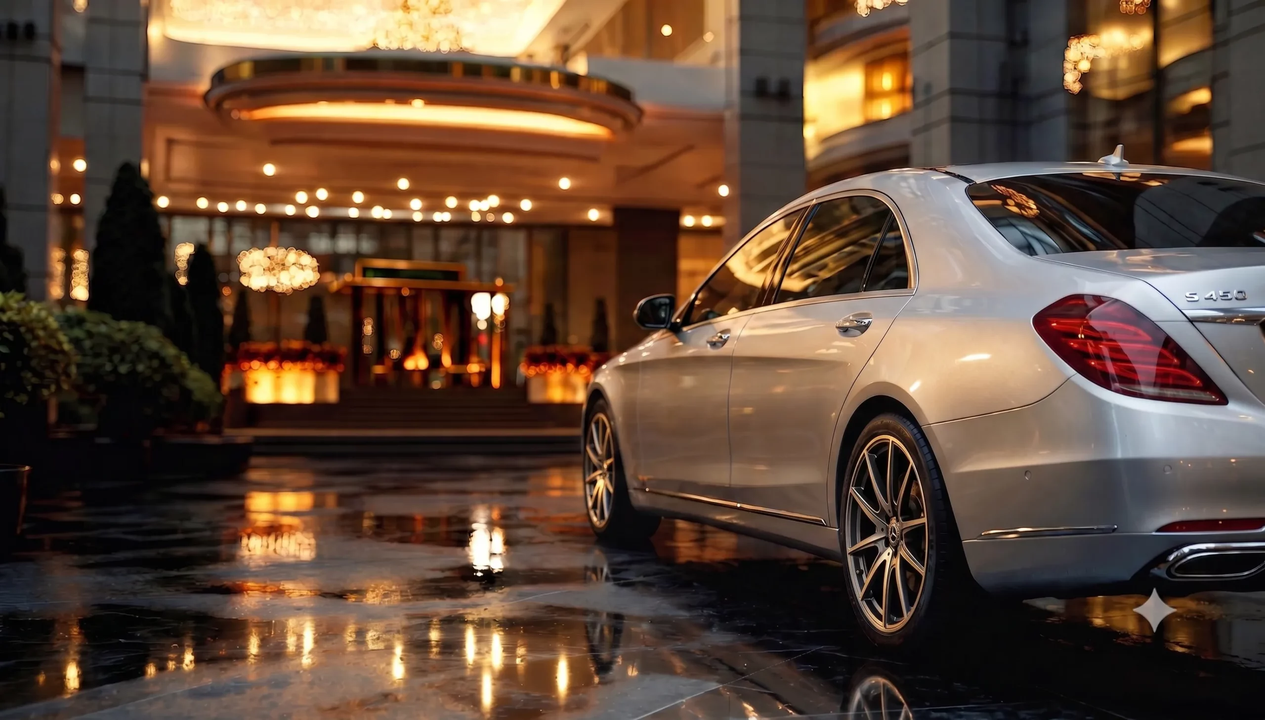 A Touch of Silver Limousine Hire's Mercedes S450 waiting at a hotel